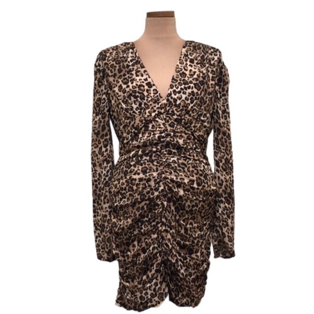 NEW NICHOLAS Gathered Party Dress Size US 6 Tan Leopard Ruched Long Sleeve